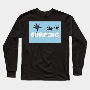 Surfing Lettering with Palm Trees and a Retro Blue Background Long Sleeve T-Shirt